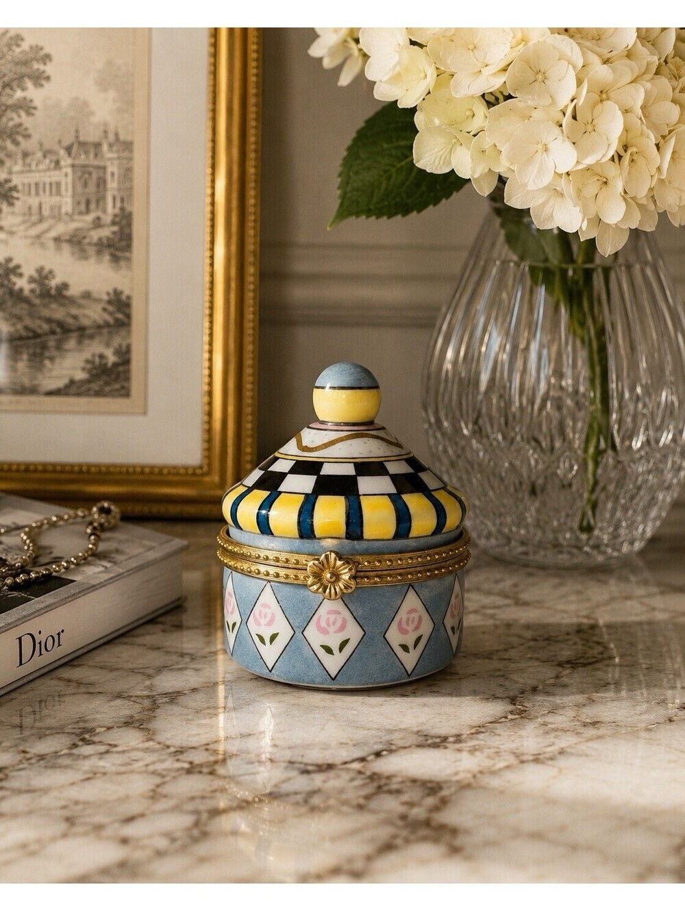 CBK Ceramic Hinged Trinket Box Small Blue Yellow 1996